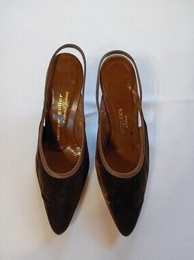Vtg Andrew Geller Dark Brown Suede Slingback Kitten Heels Shoe S Size 5.5 M US